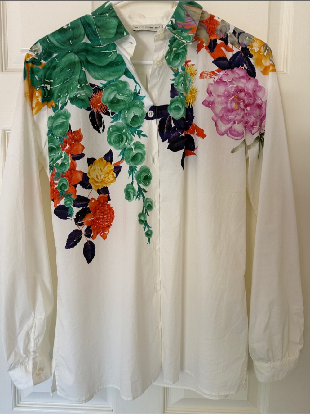 Etro White Floral Print Button-Up Blouse with Multicolor Blooms
